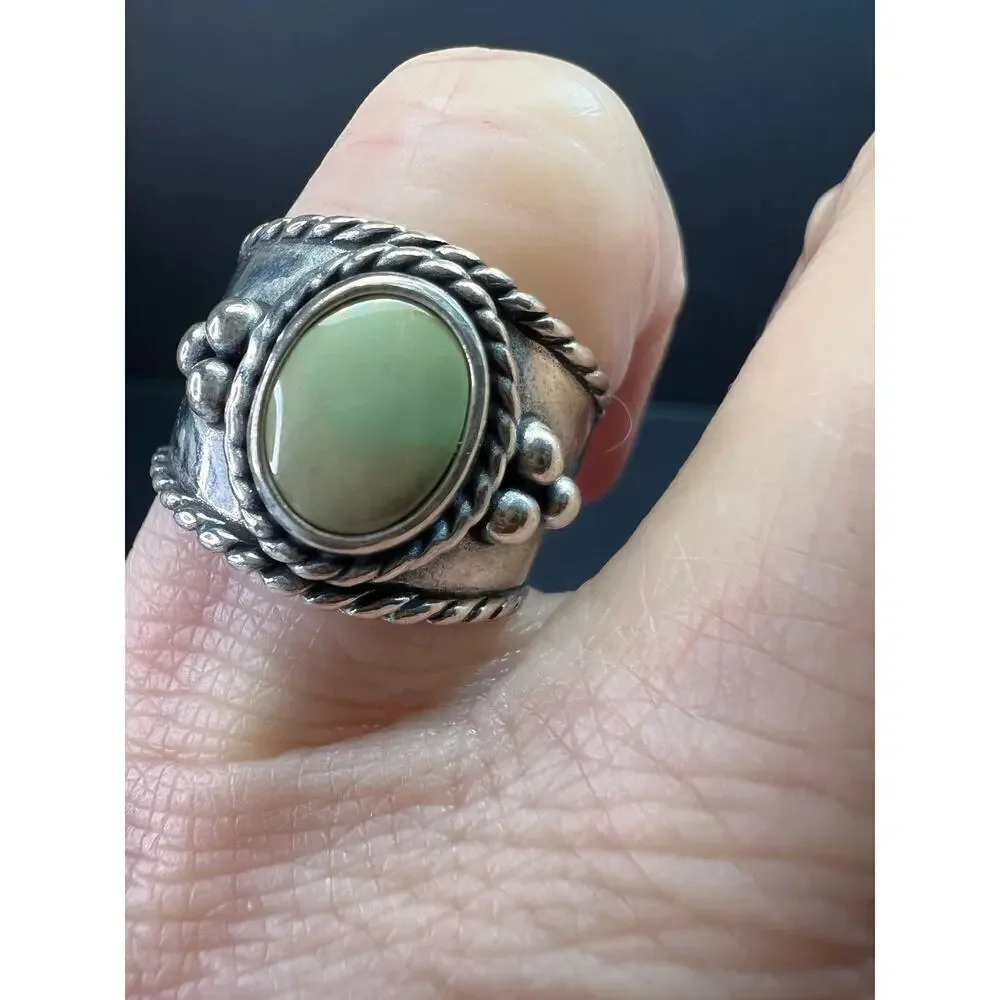 Vintage Sterling Silver Size 6 Ring | Artisan Style Green Cabochon Band